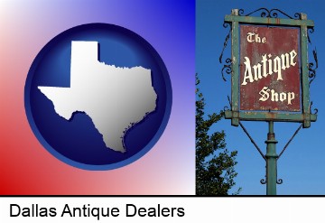 an antique shop sign in Dallas, TX