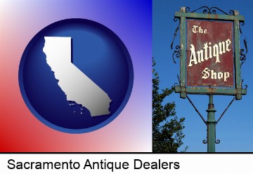 an antique shop sign in Sacramento, CA