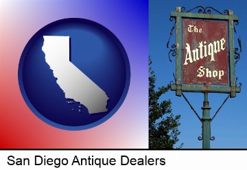 an antique shop sign in San Diego, CA