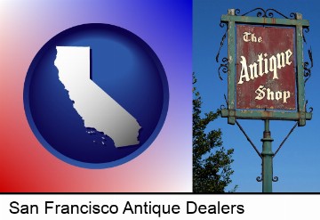 an antique shop sign in San Francisco, CA