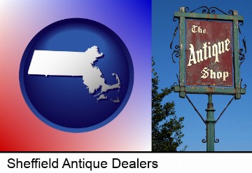 an antique shop sign in Sheffield, MA