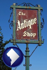 washington-dc map icon and an antique shop sign