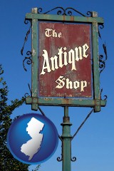 new-jersey map icon and an antique shop sign