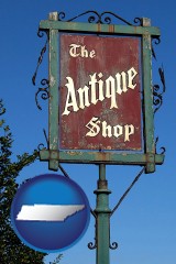 tennessee map icon and an antique shop sign
