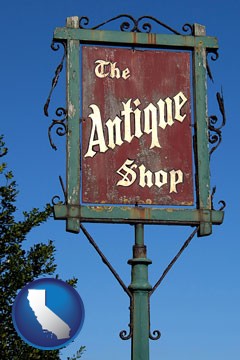 an antique shop sign - with California icon