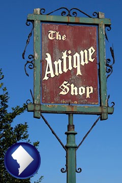 an antique shop sign - with Washington, DC icon
