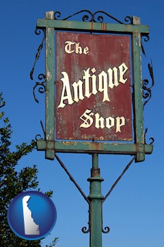 an antique shop sign - with Delaware icon