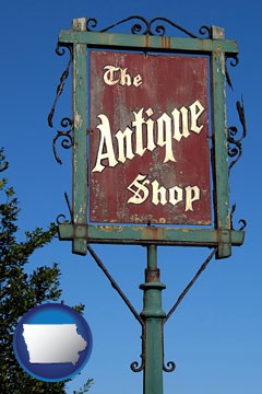 an antique shop sign - with Iowa icon