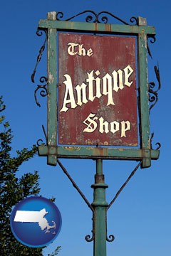 an antique shop sign - with Massachusetts icon