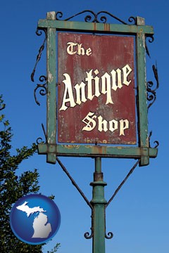 an antique shop sign - with Michigan icon