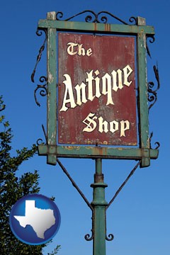 an antique shop sign - with Texas icon