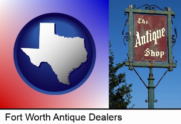 an antique shop sign in Fort Worth, TX