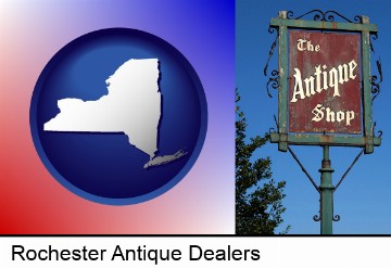 an antique shop sign in Rochester, NY