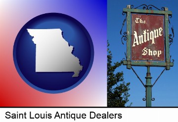 an antique shop sign in Saint Louis, MO