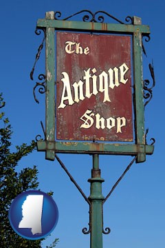 an antique shop sign - with Mississippi icon